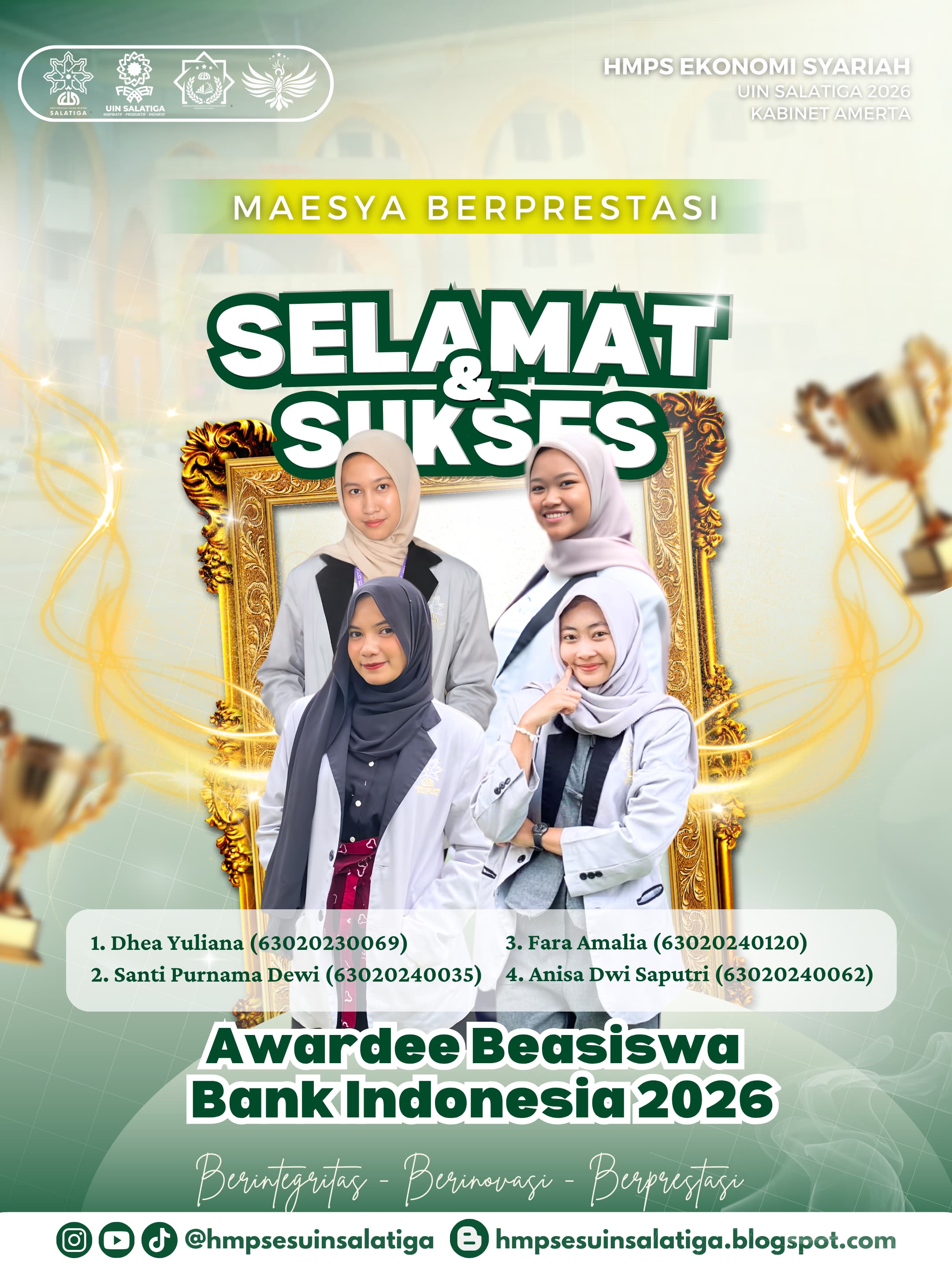 Mahasiswa Ekonomi Syariah UIN Salatiga kembali menorehkan prestasi dengan menjadi Awardee Beasiswa Bank Indonesia 2026