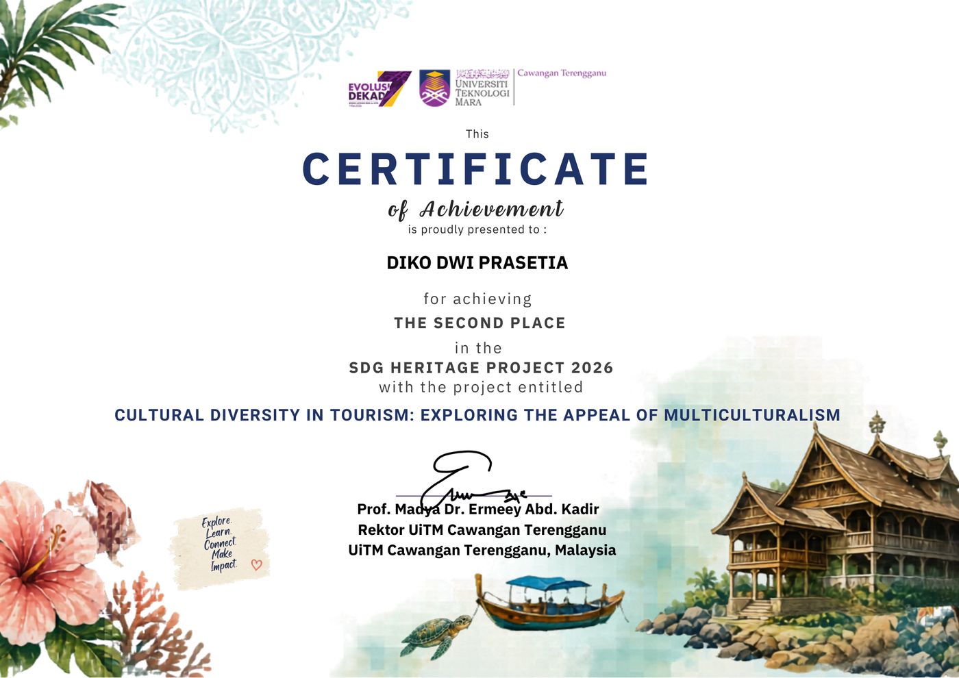 Certificate of Achievement The Second Place SDG Heritage Project 2026 - Diko Dwi Prasetia